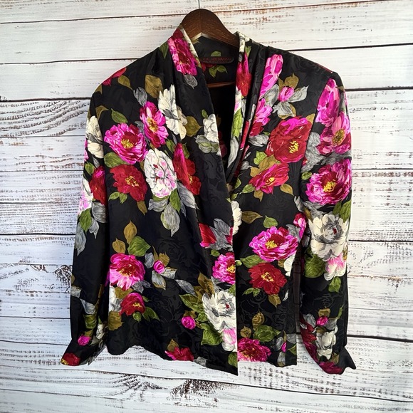 Vintage 100% Silk Wrap Top S Long Sleeve Black Bright Floral Whimsical Statement - Picture 9 of 11